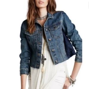 Free People Denim Jean Jacket With Lace Insets